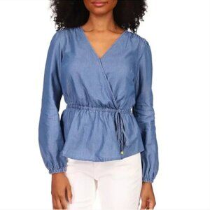 MICHAEL Michael Kors Denim Long Sleeve Faux Wrap Top, Medium